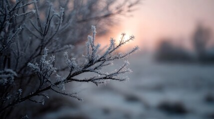 Frost covered tree branch at sunrise with soft icy morning light and serene atmosphere