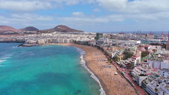 Las Palmas de Gran Canaria, Canary Islands, Spain: Aerial view of one of capital cities of Canary Islands, famous beach Playa de Las Canteras - landscape panorama of  Atlantic Ocean islands from above