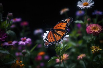 Fototapeta premium Butterfly with white and black wings resting on flowers in a summer garden setting