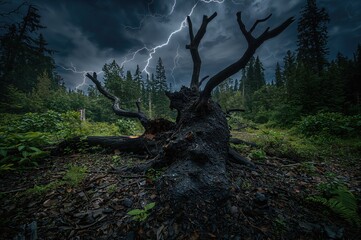 Charred tree stump toppled by lightning in wooded area