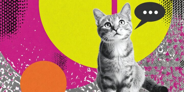 Modern Premium Pop Art Cat with Dialogue Bubble Authentic Pet Humanization for Millennial Lifestyle Social Media and Marketing Campaigns
