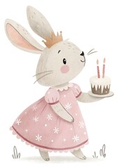 Obraz premium Cute bunny princess holds a birthday cake with candles. The adorable animal in a pink dress and crown smiles with joy. Whimsical watercolor illustration full of magic and childhood innocence.