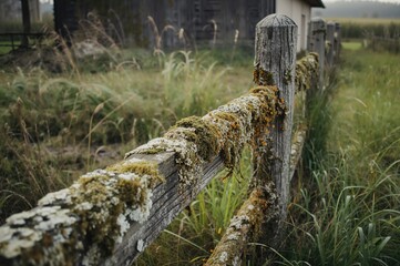 Old wooden fence covered with mold, moss, and lichens in the countryside