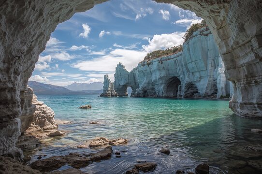 Fototapeta Rocky marble caverns on a serene lake in a southern wilderness