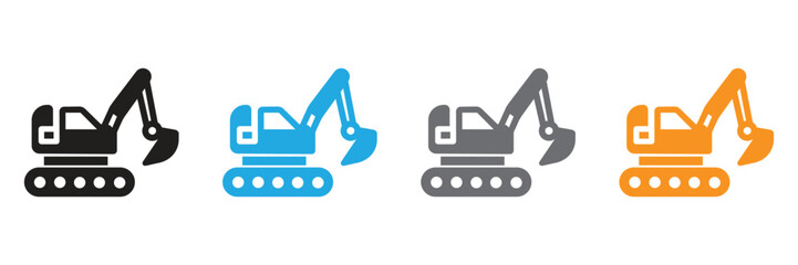 Excavator icons in black, blue, gray and orange make great additions to construction related designs. Perfect for websites, presentations or marketing material.