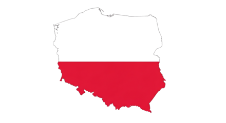 Flag map of poland isolated on transparent background showing the countrys shape filled with its national flag, symbolizing its identity, geography, and patriotism