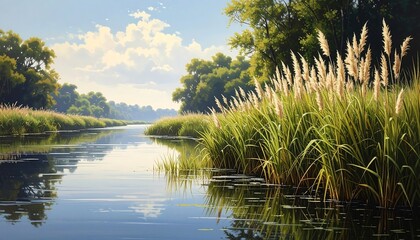 Riverbank with tall reeds.
