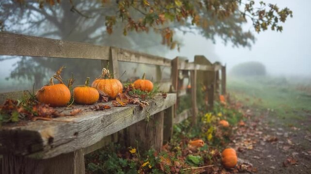 Small pumpkins line a weathered wooden fence along a foggy autumn path, leaves scattered on the ground.
