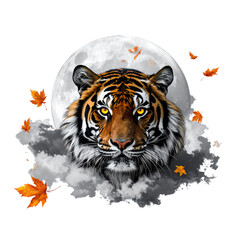 Naklejka premium Majestic Tiger Head in Ink Brush Style with Moonlit Night, isolated on transparent background