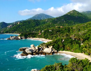 Tropical beach scene with lush hills