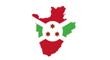 Burundi map outline with flag isolated on transparent background the map is colored with the colors of the flag of burundi, red, green, and white, with three red stars in the center