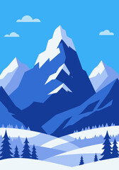 Stunning minimalist illustration of a towering snow mountain amidst a serene winter wonderland, featuring frosty peaks, rolling hills, and a forest of evergreen trees