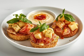 Assorted snacks garnished with fresh green herbs, accompanied by mayonnaise and chili sauce.