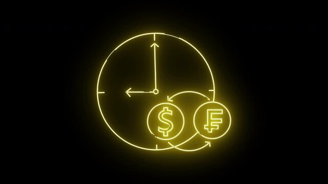 A neon clock is next to a dollar and franc symbol with arrows indicating a exchange