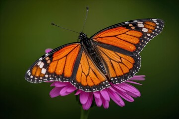 Fototapeta premium Close-up Shot of a Monarch Butterfly with Orange, White, and Black Wings on a Blooming Pink Daisy
