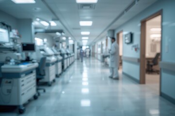 Fototapeta premium Blurred background of a medical hallway in a contemporary lab setting