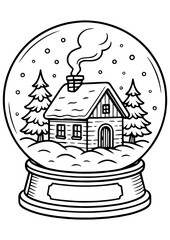 Black and white vector snow globe with an old cabin in snowy forest, perfect for engraving, prints, and holiday decor