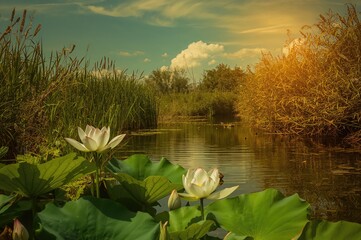 Fototapeta premium Water lily blooming in wetlands