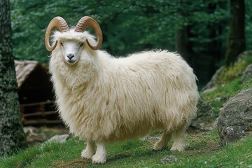 Obraz premium A sheep with large brown horns is standing gracefully on a grassy hill, a farm animal captured in its natural environment, showcasing rural life and livestock.