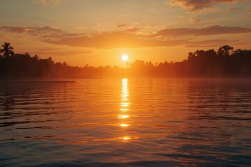 Naklejka premium Sunrise scenery over tranquil waters at golden hour with vibrant sky and summer landscape