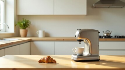 A modern kitchen scene featuring a single-cup coffee maker brewing a beverage, complemented by a freshly baked croissant on a sunlit countertop