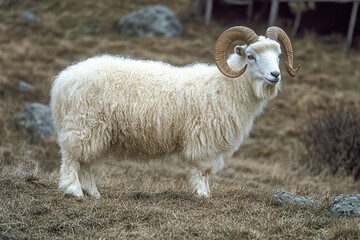 Naklejka premium White ram with large curved horns standing proudly in a dry grassy field, showcasing strength and resilience in a natural setting.