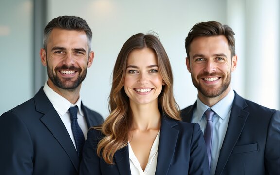 Three smiling business professionals, two men and one woman, dressed formally on a transparent background. High quality