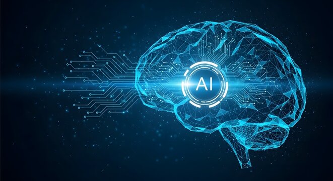 Futuristic ai brain with glowing circuits and digital data streams