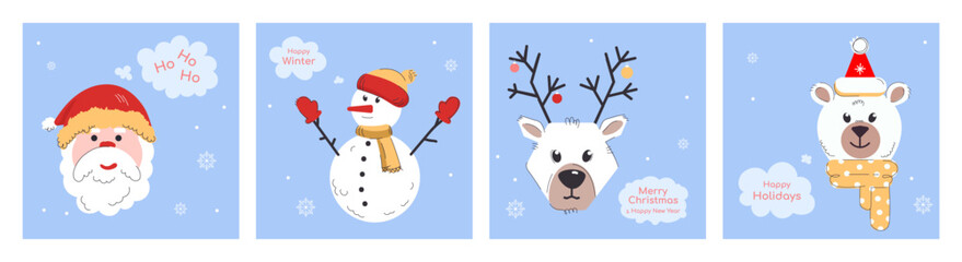 Holiday templates with Cute Christma Characters. Set of Santa Claus, snowman, reindeer, and polar bear holiday greetings for greeting cards,covers, print, posters, crafts, and seasonal design. Vector
