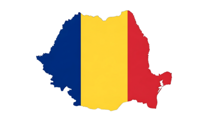 Romania map outline with flag isolated on transparent background the romanian flag is a tricolor with vertical stripes blue, yellow, and red, symbolizing liberty, justice, and fraternity