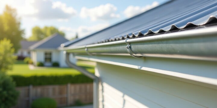 Close-up view of a newly installed metallic gutter system on a residential building, showcasing its seamless integration with the roofline and the subtle details of its craftsmanship.