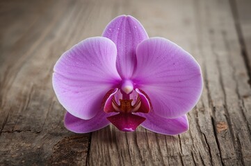 Fototapeta premium Vibrant pink orchid resting on a wooden table