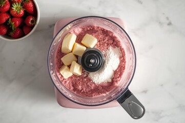 Creating a Pink Strawberry Pie Crust Using a Food Processor: Top-Down Look at Cubed Butter, Strawberry Powder, and Flour Inside the Bowl