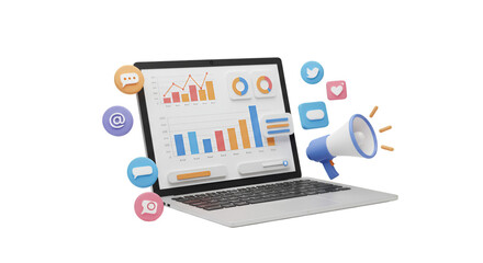 Elevate your marketing strategy with dynamic data analysis presented on a sleek laptop alongside engaging social media icons and a powerful megaphone for impactful announcements