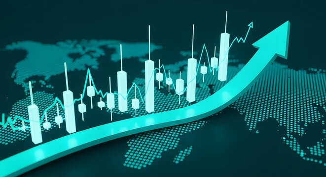 Global financial growth chart with upward trend arrow and world map background