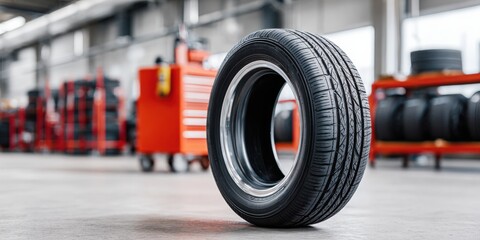 Professional automotive tire standing upright in clean workshop for vehicle maintenance and safe driving promotion, modern reliable travel marketing content