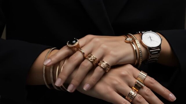 Womans hands displaying elegant jewelry and wristwatch against a dark background