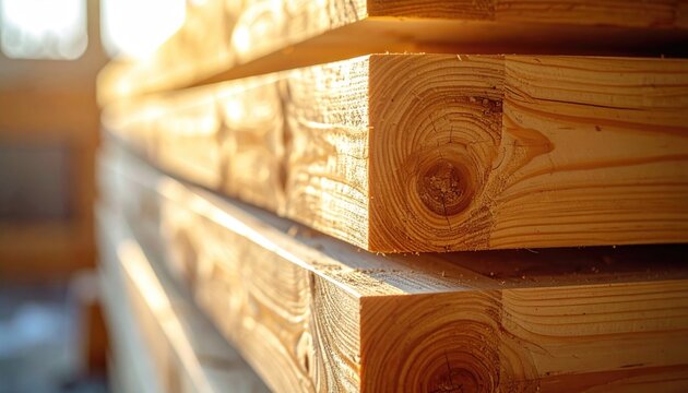 Close Up of Stacked Lumber with Visible Wood Grain in Sunlight