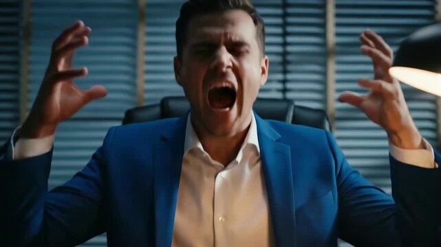 Assertive businessman giving a stern warning about company performance in modern office