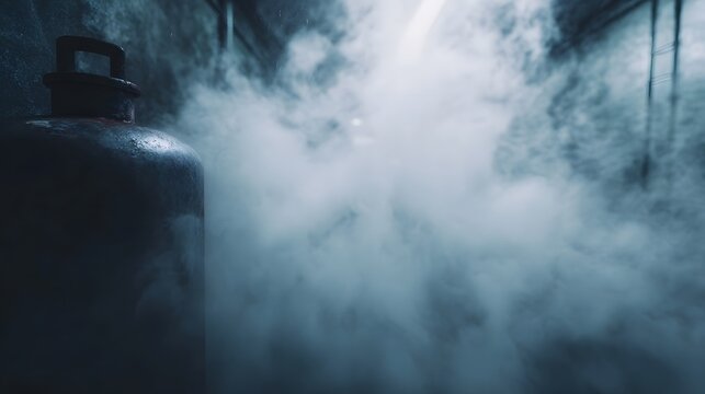 Cold vapor escapes from a dark industrial gas tank in a dimly lit atmospheric laboratory setting