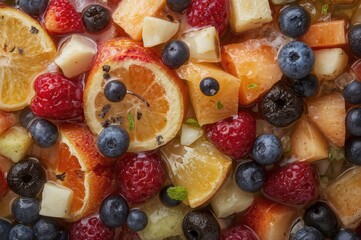 A lively and invigorating blend of assorted fruits featuring succulent berries, zesty citrus wedges, exotic tropical bits, and crunchy apple chunks, mixed for a tasty and nutritious snack.
