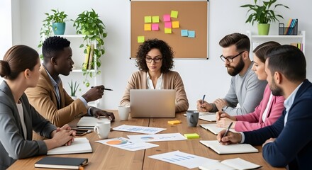 Diverse team collaborates around a table in a modern office setting discussing ideas