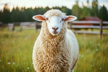 Obraz premium White sheep standing in green summer field. Livestock animal in pasture. Farm life and agricultural concept for rural themes.