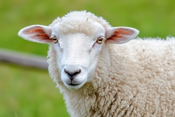 Fototapeta premium Close up portrait of a young lamb in a green pasture. Farming animal with white wool showing adorable face for agricultural theme.