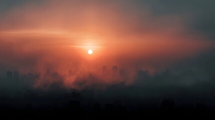 Obraz premium Dramatic sunrise breaks through thick atmospheric haze over a silhouetted city skyline