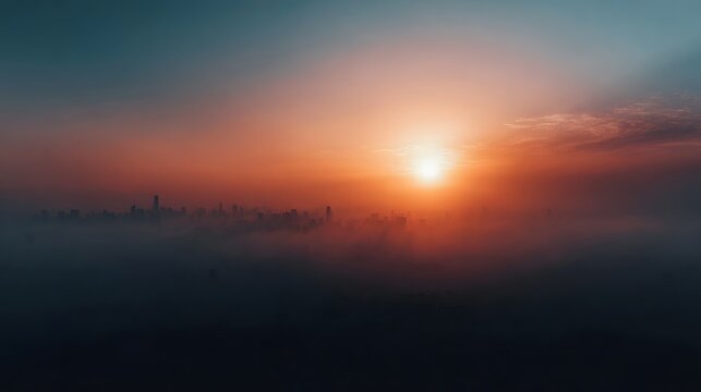 Sunrise casts an ethereal glow over a misty smog shrouded urban skyline with warm hues blending into the tranquil atmosphere