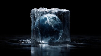 A frozen Earth encased in a melting ice cube set against a dark background symbolizing global environmental challenges