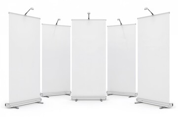 Set of blank roll-up banner stands on tripods for trade show booths. White and empty display mockup isolated on white background.