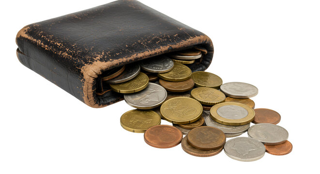 Old wallet overflowing with loose change, symbolizing savings, budgeting, or financial challenges, perfect for illustrating money management concepts