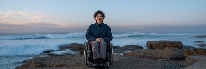 Young caucasian male in wheelchair enjoying coastal sunset on rocky beach